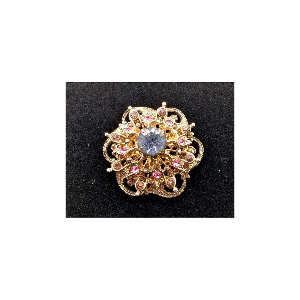 Vintage Coro Gold Tone Rhinestone Floral Brooch Pink Blue Mid Century Pin